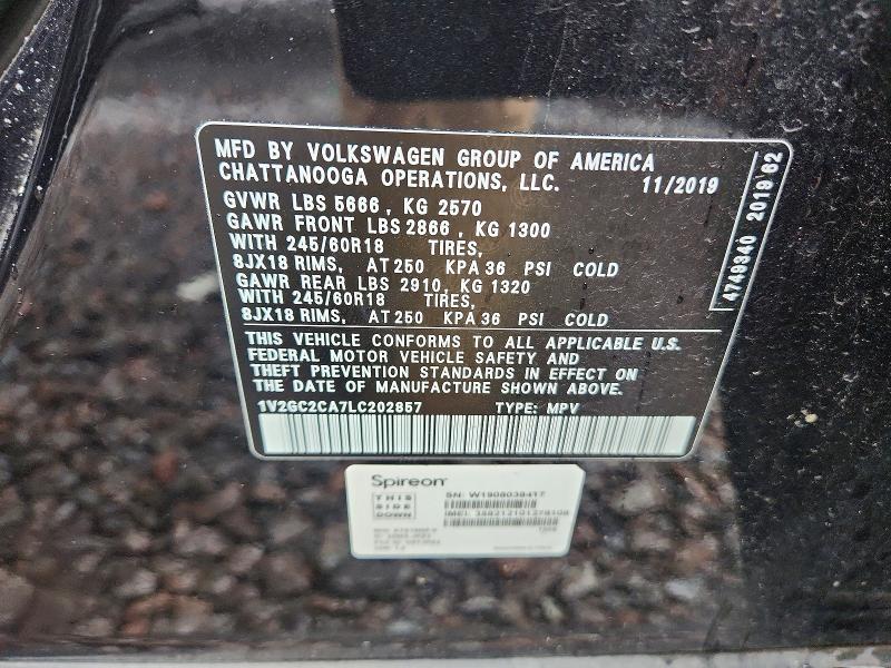 58584476 :رقم المزاد ، 1V2GC2CA7LC202857 vin ، 2020 Volkswagen Atlas Cross Sport مزاد بيع