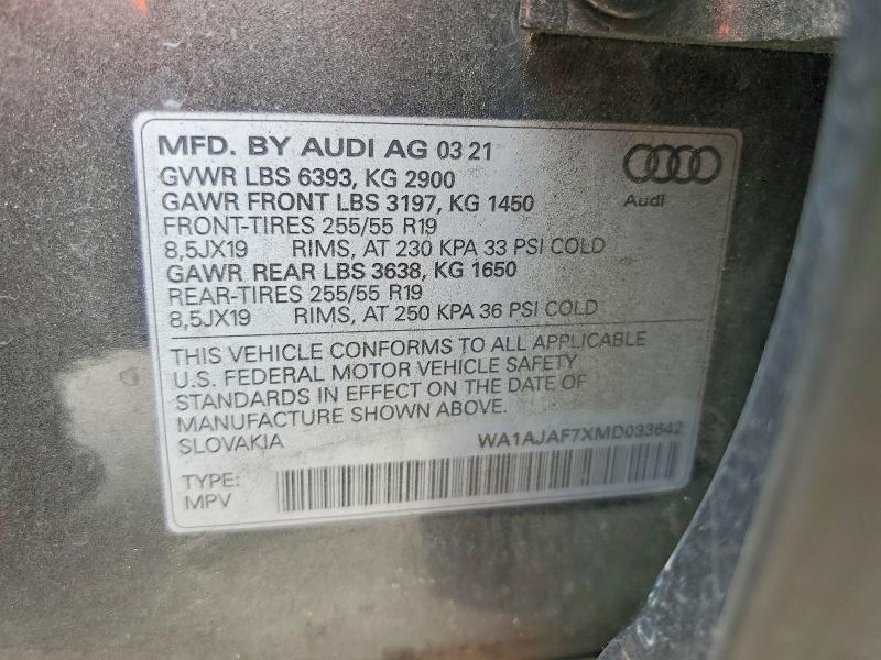 Продаж на аукціоні авто 2021 Audi Q7, vin: WA1AJAF7XMD033642, номер лоту: 58000646