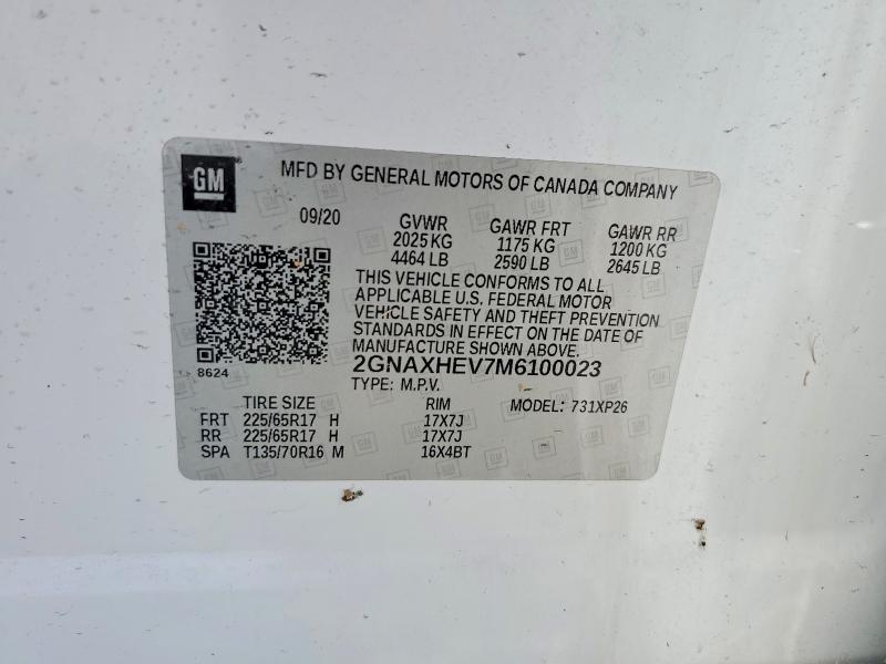 58527866 :رقم المزاد ، 2GNAXHEV7M6100023 vin ، 2021 Chevrolet Equinox مزاد بيع