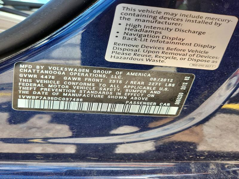 Продажа на аукционе авто 2013 Volkswagen Passat, vin: 1VWBP7A35DC037486, номер лота: 57248416