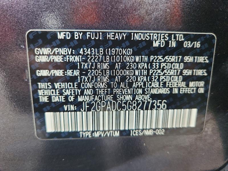 58744586 :رقم المزاد ، JF2GPADC5G8277356 vin ، 2016 Subaru Crosstrek مزاد بيع