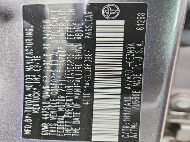 2020 Toyota Camry მანქანა იყიდება აუქციონზე, vin: 4T1C11AK2LU863987, აუქციონის ნომერი: 58325156