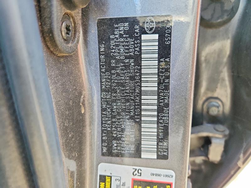 Продажа на аукционе авто 2021 Toyota Camry, vin: 4T1G11AK7MU536472, номер лота: 56438756