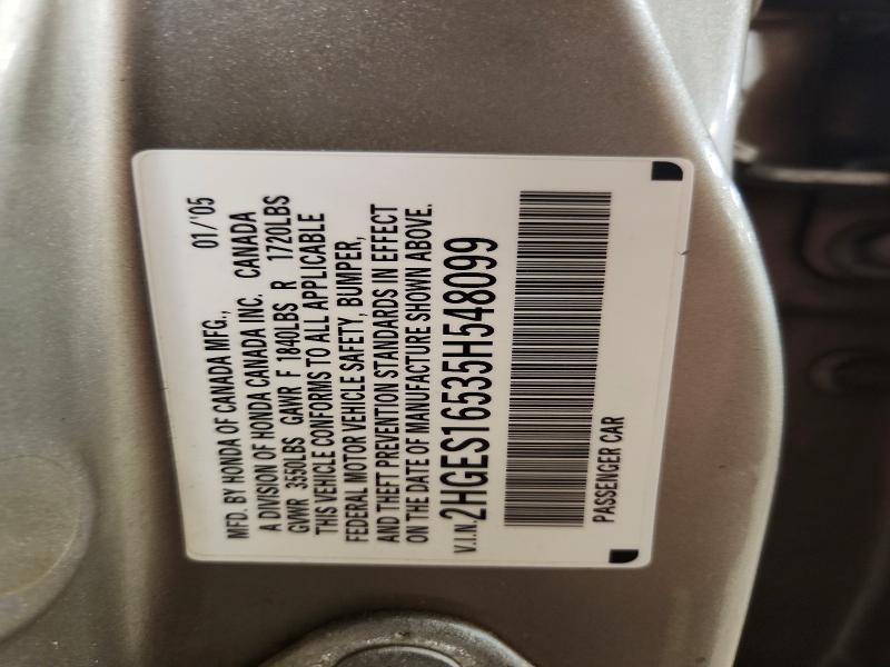 2005 Honda Civic მანქანა იყიდება აუქციონზე, vin: 2HGES16535H548099, აუქციონის ნომერი: 58878396