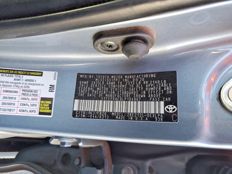 57937326 :رقم المزاد ، 5YFEPRAE9LP104867 vin ، 2020 Toyota Corolla مزاد بيع