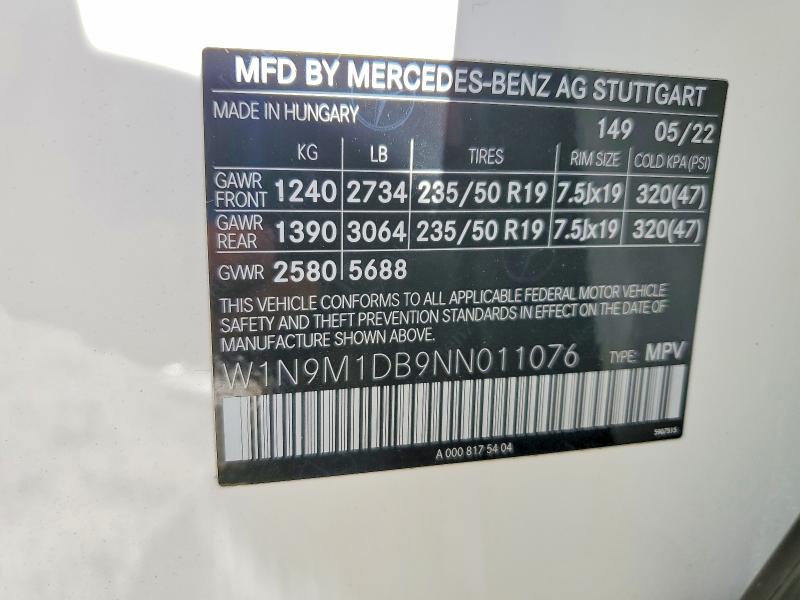 2022 Mercedes-benz Eqb მანქანა იყიდება აუქციონზე, vin: W1N9M1DB9NN011076, აუქციონის ნომერი: 58593366