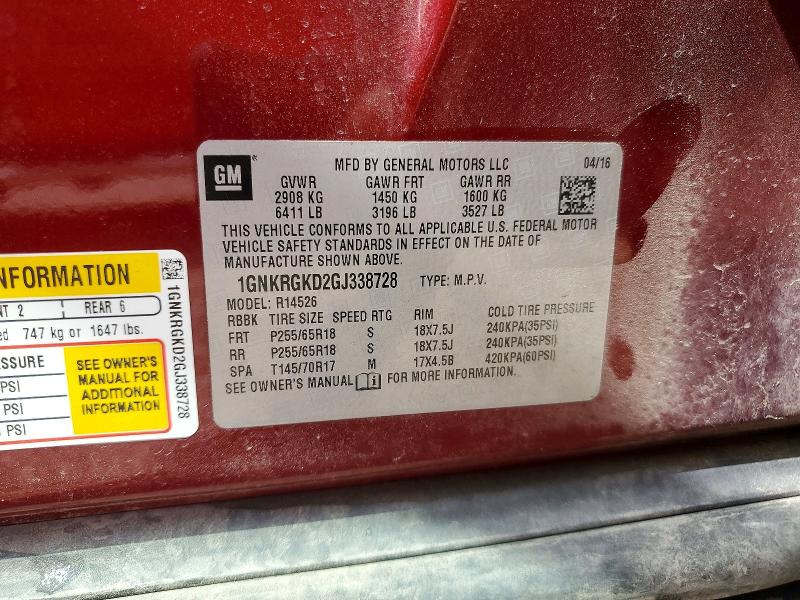 85990435 :رقم المزاد ، 1GNKRGKD2GJ338728 vin ، 2016 Chevrolet Traverse مزاد بيع