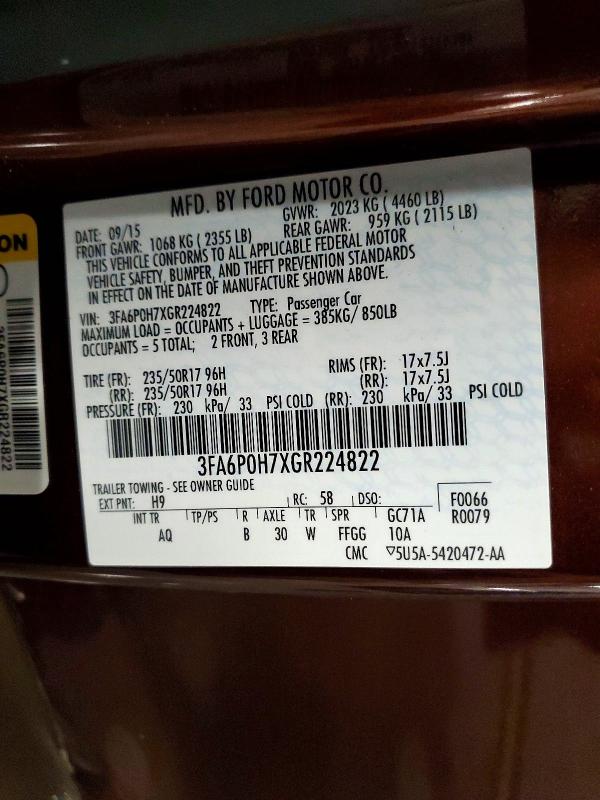 2016 Ford Fusion მანქანა იყიდება აუქციონზე, vin: 3FA6P0H7XGR224822, აუქციონის ნომერი: 57520926