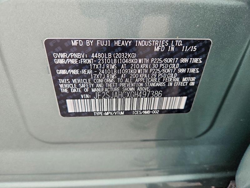 2016 Subaru Forester მანქანა იყიდება აუქციონზე, vin: JF2SJAHCXGH497386, აუქციონის ნომერი: 85992305