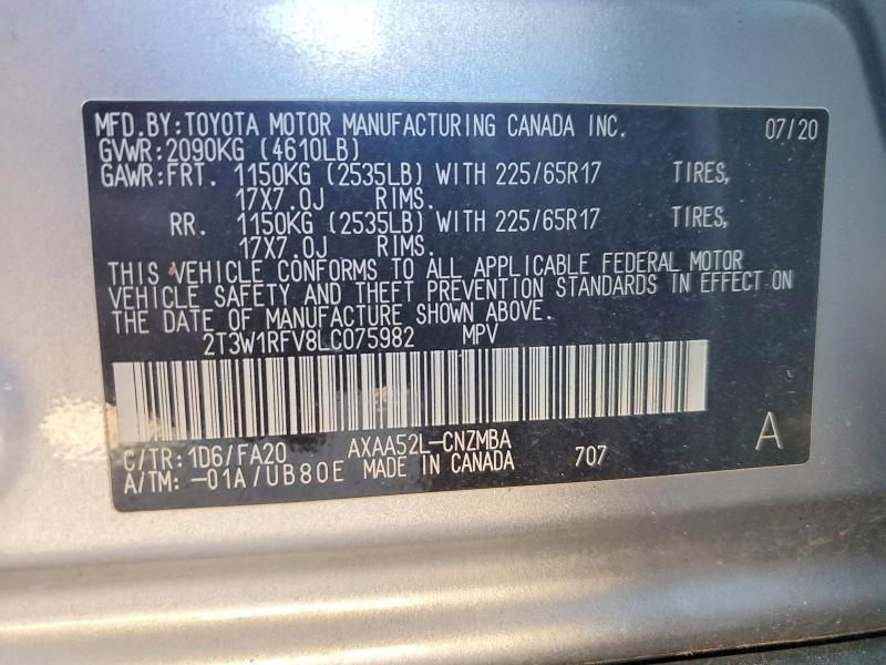 2020 Toyota Rav4 მანქანა იყიდება აუქციონზე, vin: 2T3W1RFV8LC075982, აუქციონის ნომერი: 56160616