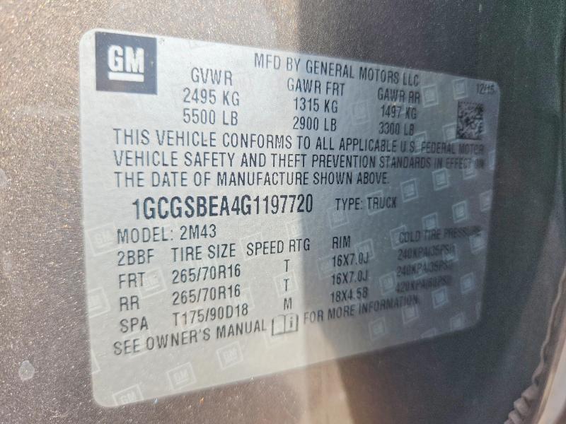 57503686 :رقم المزاد ، 1GCGSBEA4G1197720 vin ، 2016 Chevrolet Colorado مزاد بيع