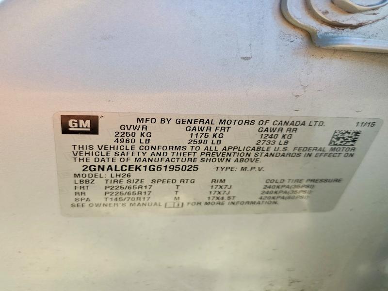 2016 Chevrolet Equinox მანქანა იყიდება აუქციონზე, vin: 2GNALCEK1G6195025, აუქციონის ნომერი: 57677316