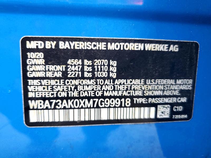 Продажа на аукционе авто 2021 Bmw 228xi, vin: WBA73AK0XM7G99918, номер лота: 58142856