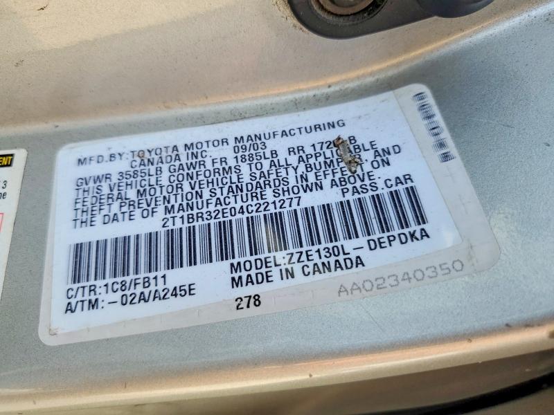 Продажа на аукционе авто 2004 Toyota Corolla, vin: 2T1BR32E04C221277, номер лота: 56515056