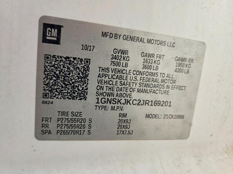 Продаж на аукціоні авто 2018 Chevrolet Suburban, vin: 1GNSKJKC2JR169201, номер лоту: 55399056