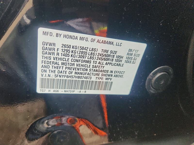 Продаж на аукціоні авто 2017 Honda Pilot, vin: 5FNYF6H57HB074873, номер лоту: 58147316