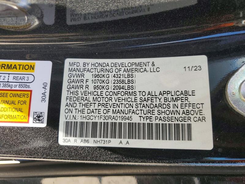 2024 Honda Accord მანქანა იყიდება აუქციონზე, vin: 1HGCY1F30RA019945, აუქციონის ნომერი: 58265466