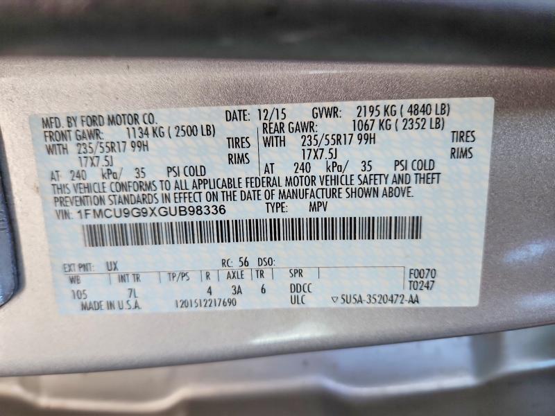 58491796 :رقم المزاد ، 1FMCU9G9XGUB98336 vin ، 2016 Ford Escape مزاد بيع