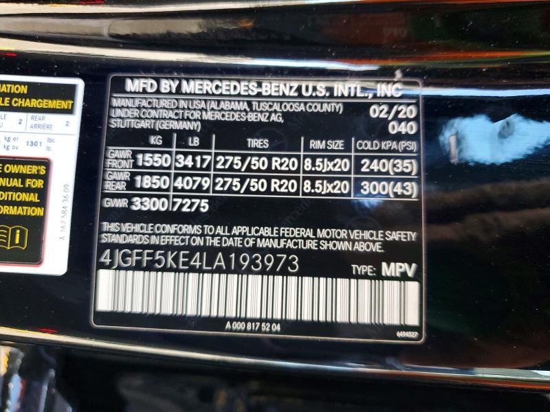 Aukcja sprzedaży 2020 Mercedes-benz Gls, vin: 4JGFF5KE4LA193973, numer aukcji: 57036286