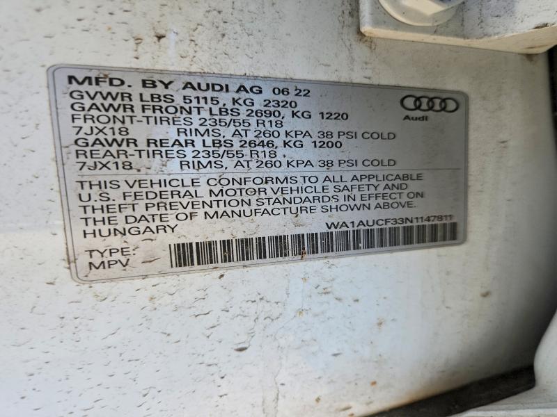 55343986 :رقم المزاد ، WA1AUCF33N1147811 vin ، 2022 Audi Q3 مزاد بيع
