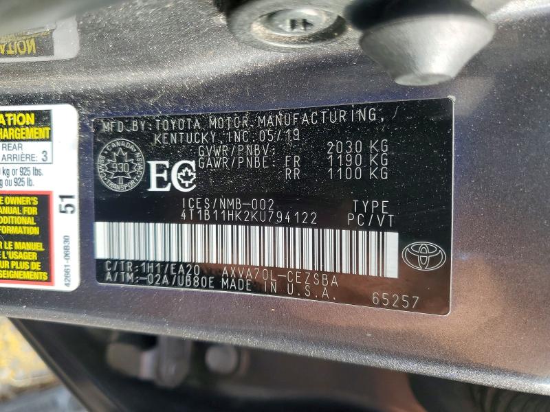 54686686 :رقم المزاد ، 4T1B11HK2KU794122 vin ، 2019 Toyota Camry مزاد بيع