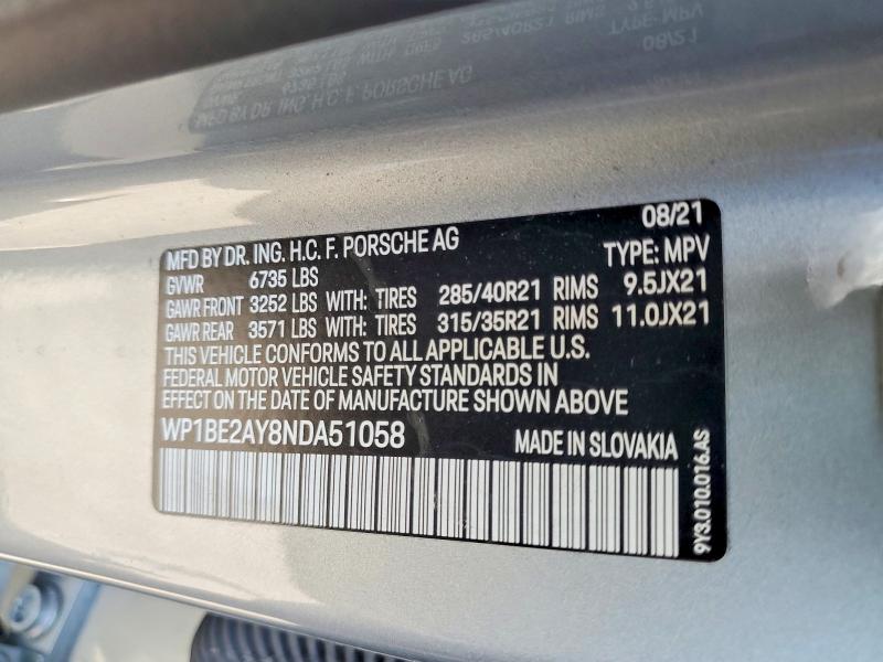 56307576 :رقم المزاد ، WP1BE2AY8NDA51058 vin ، 2022 Porsche Cayenne مزاد بيع