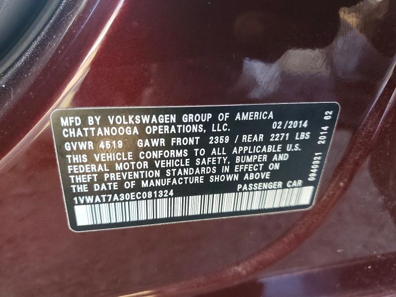 Aukcja sprzedaży 2014 Volkswagen Passat, vin: 1VWAT7A30EC081324, numer aukcji: 59084786