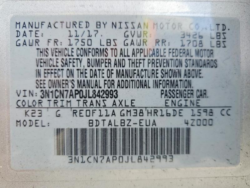 Aukcja sprzedaży 2018 Nissan Versa, vin: 3N1CN7AP0JL842993, numer aukcji: 54820926
