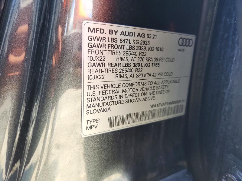 57939996 :رقم المزاد ، WA1FVAF14MD033111 vin ، 2021 Audi Q8 مزاد بيع