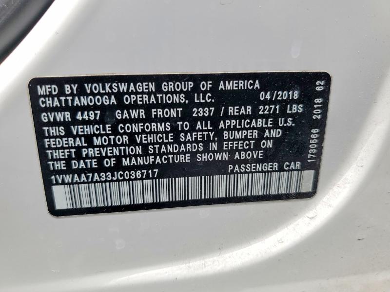 Продажа на аукционе авто 2018 Volkswagen Passat, vin: 1VWAA7A33JC036717, номер лота: 54727566