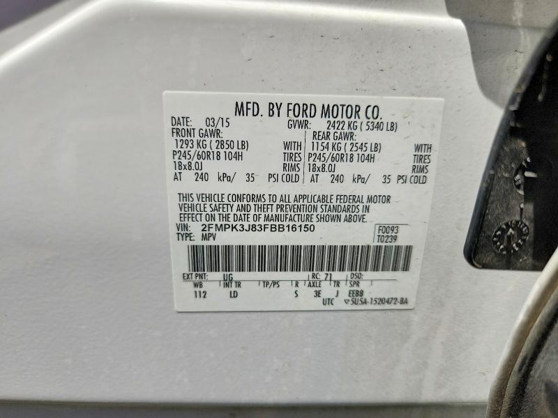 57854676 :رقم المزاد ، 2FMPK3J83FBB16150 vin ، 2015 Ford Edge مزاد بيع