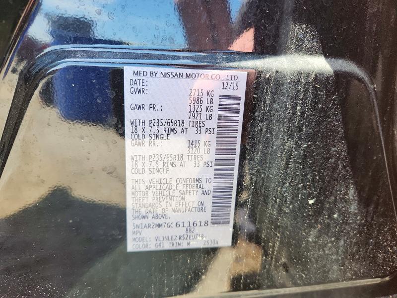 2016 Nissan Pathfinder მანქანა იყიდება აუქციონზე, vin: 5N1AR2MM7GC611618, აუქციონის ნომერი: 54343196