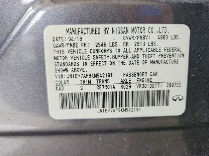 2019 Infiniti Q50 მანქანა იყიდება აუქციონზე, vin: JN1EV7AP9KM542191, აუქციონის ნომერი: 57637456