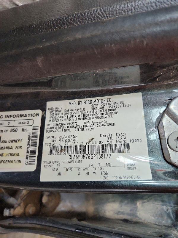 Продаж на аукціоні авто 2016 Ford Fusion, vin: 3FA6P0H76GR158172, номер лоту: 56267916