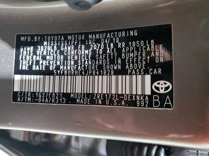 Aukcja sprzedaży 2018 Toyota Corolla, vin: 5YFBURHE4JP841828, numer aukcji: 58519906
