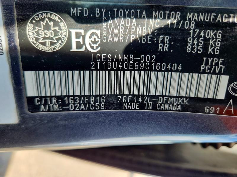 Aukcja sprzedaży 2009 Toyota Corolla, vin: 2T1BU40E69C160404, numer aukcji: 57870436