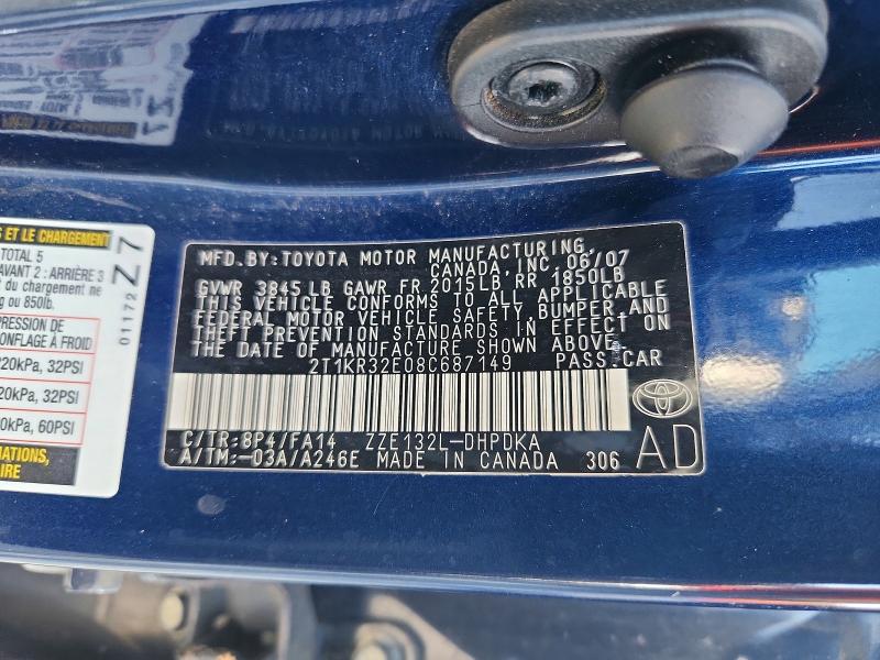 55835816 :رقم المزاد ، 2T1KR32E08C687149 vin ، 2008 Toyota Corolla Matrix مزاد بيع