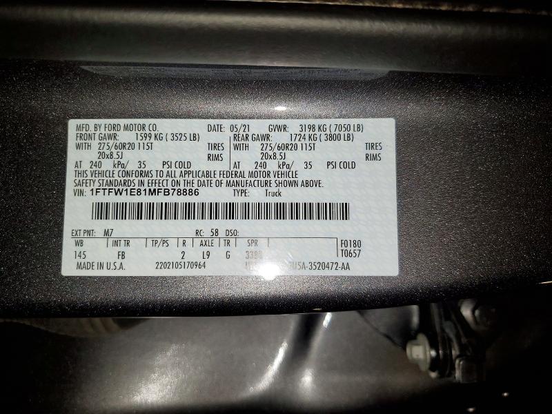 56677676 :رقم المزاد ، 1FTFW1E81MFB78886 vin ، 2021 Ford F150 مزاد بيع
