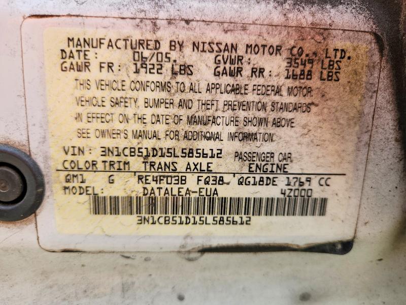 Aukcja sprzedaży 2005 Nissan Sentra, vin: 3N1CB51D15L585612, numer aukcji: 59075836