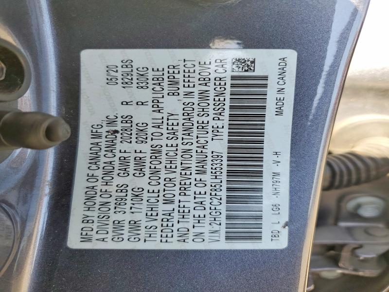 2020 Honda Civic მანქანა იყიდება აუქციონზე, vin: 2HGFC2F85LH553397, აუქციონის ნომერი: 56122356
