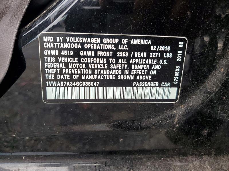 2016 Volkswagen Passat მანქანა იყიდება აუქციონზე, vin: 1VWAS7A34GC035047, აუქციონის ნომერი: 57967206