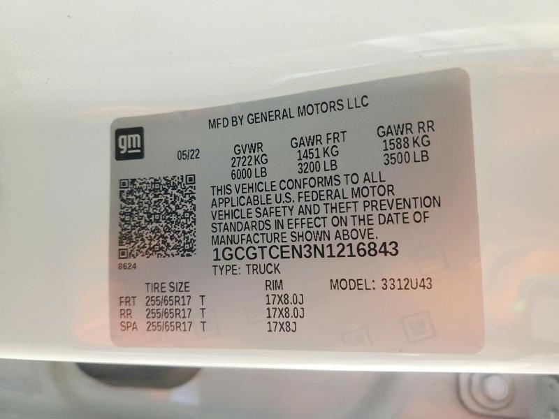 Auction sale of the 2022 Chevrolet Colorado, vin: 1GCGTCEN3N1216843, lot number: 58154116
