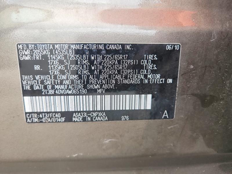 Продажа на аукционе авто 2010 Toyota Rav4, vin: 2T3BF4DV0AW065190, номер лота: 55438046