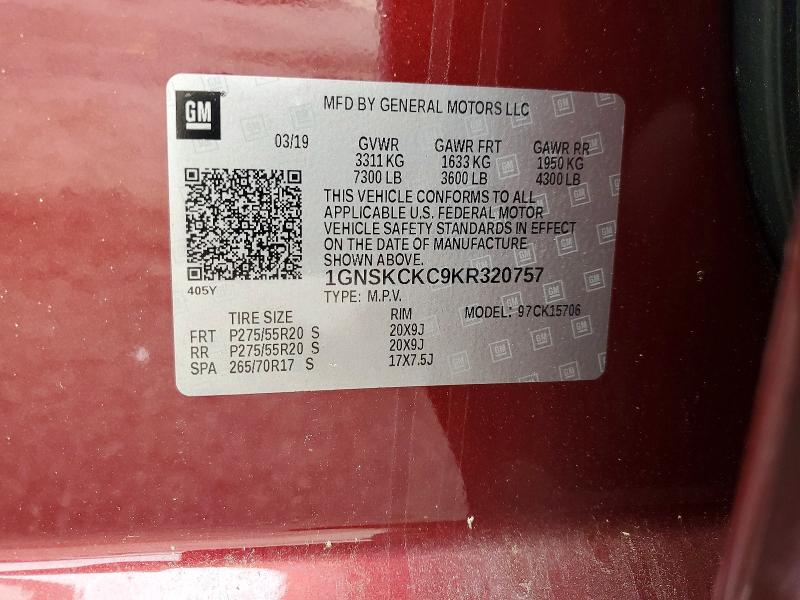 57577496 :رقم المزاد ، 1GNSKCKC9KR320757 vin ، 2019 Chevrolet Tahoe مزاد بيع