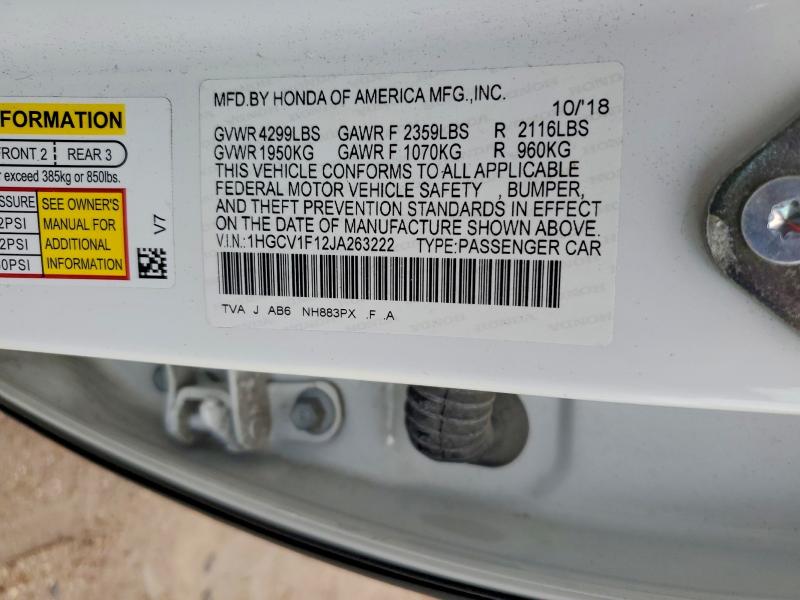 2018 Honda Accord მანქანა იყიდება აუქციონზე, vin: 1HGCV1F12JA263222, აუქციონის ნომერი: 57110766