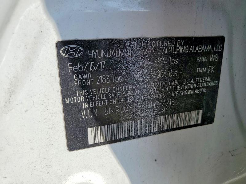 56795296 :رقم المزاد ، 5NPD74LF6HH192916 vin ، 2017 Hyundai Elantra مزاد بيع