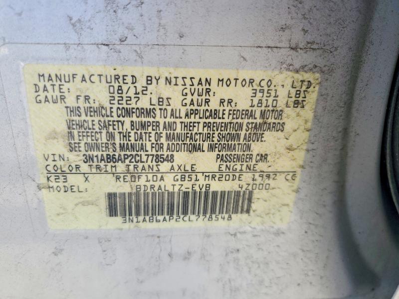 2012 Nissan Sentra მანქანა იყიდება აუქციონზე, vin: 3N1AB6AP2CL778548, აუქციონის ნომერი: 57006396