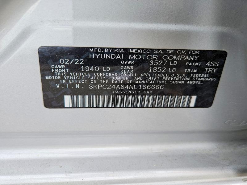 Aukcja sprzedaży 2022 Hyundai Accent, vin: 3KPC24A64NE166666, numer aukcji: 57702206