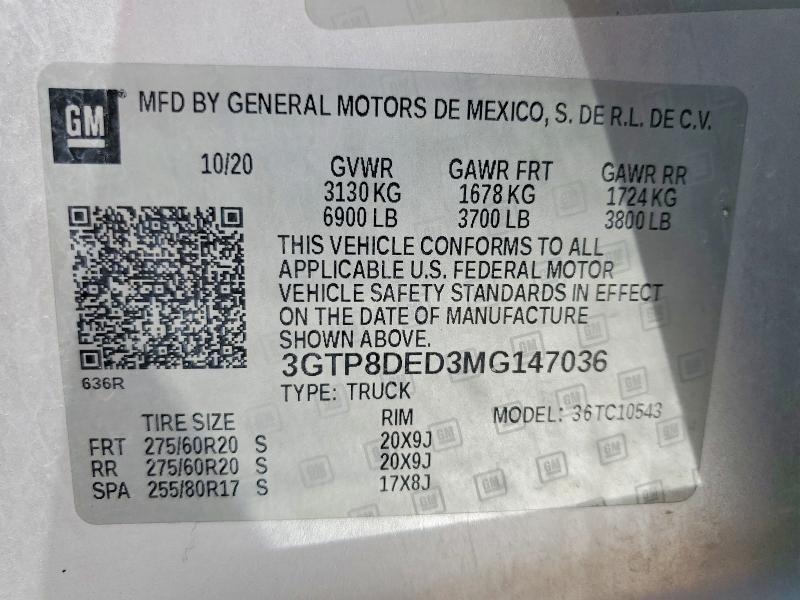 57632226 :رقم المزاد ، 3GTP8DED3MG147036 vin ، 2021 Gmc Sierra مزاد بيع