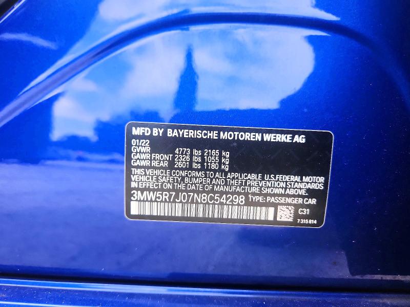 2022 Bmw 330xi მანქანა იყიდება აუქციონზე, vin: 3MW5R7J07N8C54298, აუქციონის ნომერი: 56396026